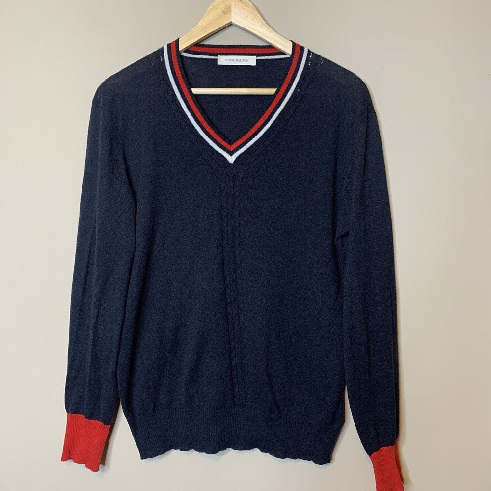 Pierre Balmain Knit Tennis Sweater size 50 Navy Blue Red White V-neck Jumper